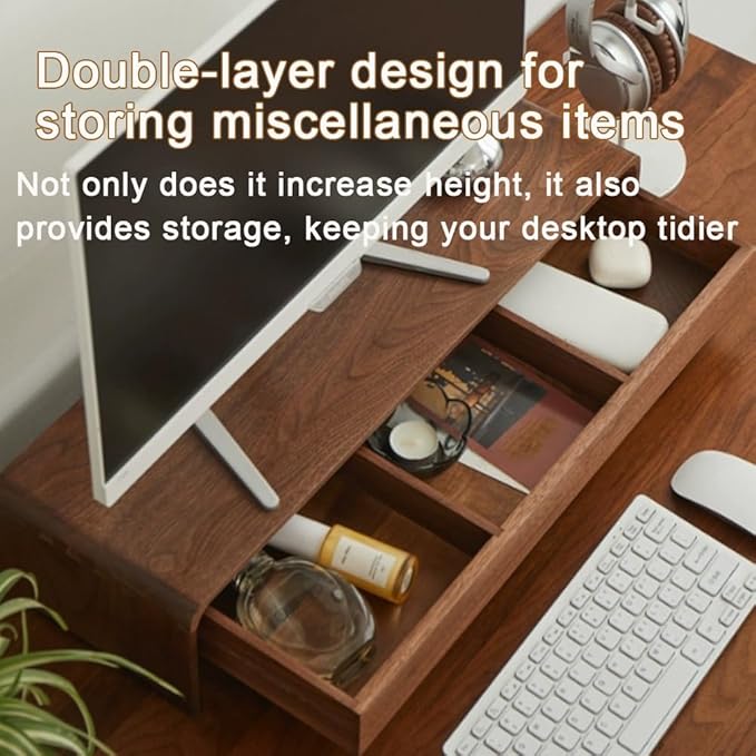 Solid Wood Monitor Stand for Saving Space, Monitor Riser with Storage, 2 Tier Computer Stand with Drawer, Multifunctional Desk Organizer for Home, Office(50cm-19.7in)
