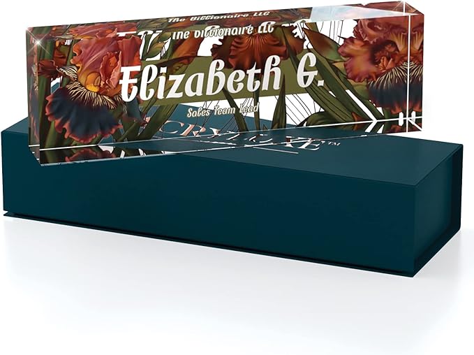 Desk Name Plate Personalized, Custom Name Plates, 2½/x8 Inches, Thick Crystal-Clear Acrylic, Gift Box, Office Desk Decor. USA Made by ACRYLUXE (Iris)