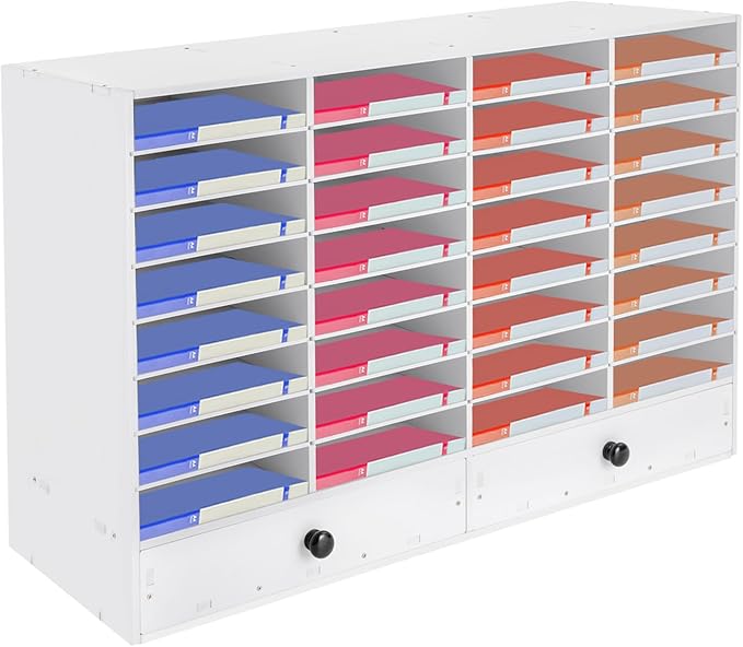 DYRABREST 32 Slot Literature Organizer Adjustable Desktop File Sorter with 2 Drawers, Stackable Office Mail Sorter 32 Compartments Magazine Holder Paper Storage Cabinet for Office Home School