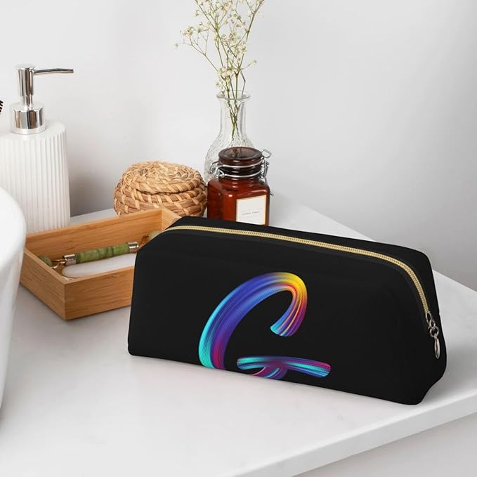 Cute Initial Pencil Case for Kids Simple Leather Pencil Pouch for Boys Girls Letter Design Pencil Box Pen Bag Pencil Pouch Office Stationery Organizer, Rainbow Letter G