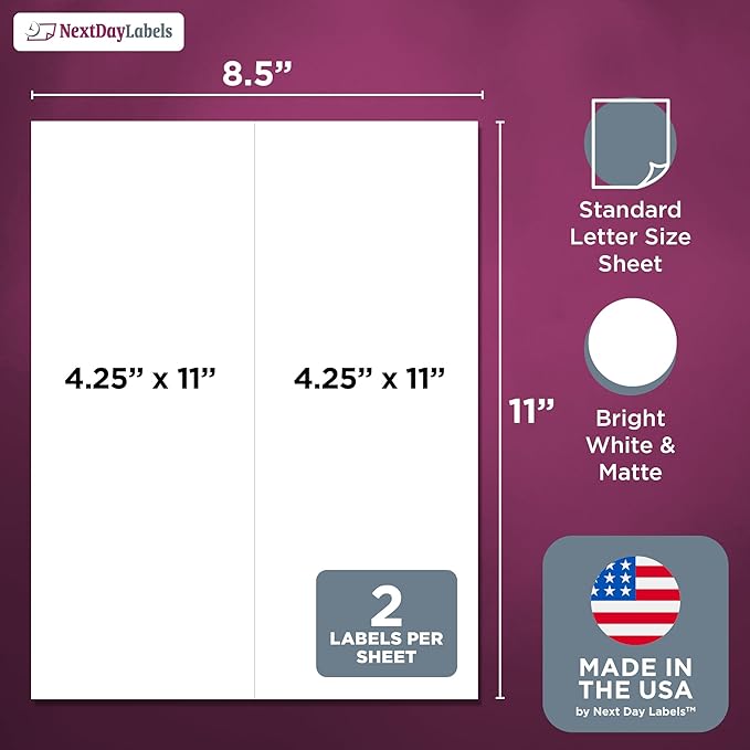 NextDayLabels – 4-1/4" x 11" Rectangular Sticker Labels for Printer - White Laser/Inkjet Printer Labels Return Address Labels Shipping Label Stickers (250 Sheets, 2 Per Sheet, 500 Labels)