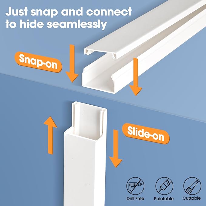 1000in Cord Hider Kit, Cord Covers for Wires on Wall, Paintable Cable Raceway, Cord Hider for Wall Mount tv, tv Cable Hider Wall kit, Wire Covers for Cords, 64X L15.7 X W0.96in X H0.57in, White