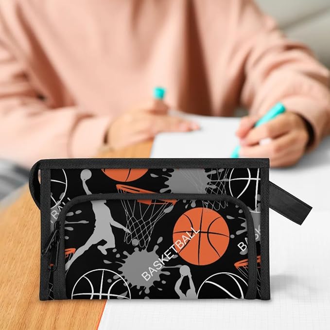 Pardick Large Capacity Pencil Case Pouch, Basketballs Portable Zipper Pencil Cases Pencil Bag Office Stationery Bag Makeup Bag Desk Organizer for Women Men