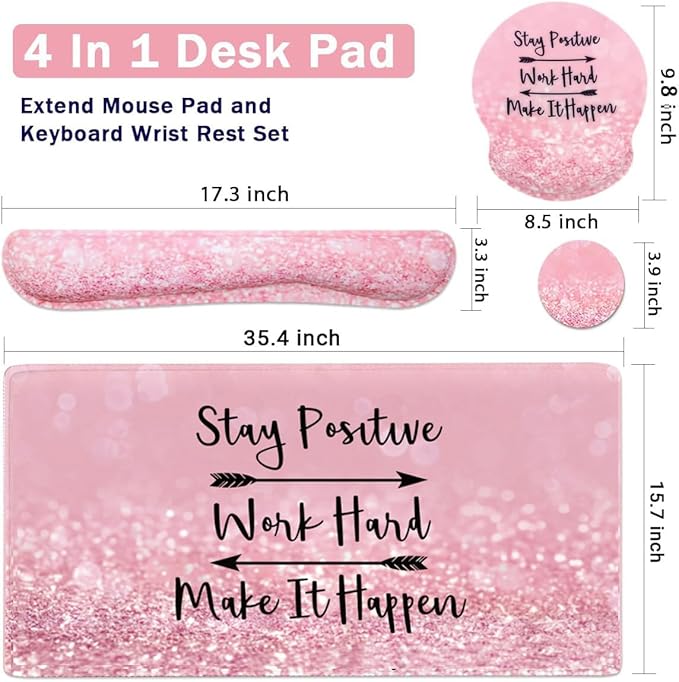 4-in-1 Gaming Mouse Pad Wrist Support Set，Desk Pad + Mouse Pad with Wrist Rest + Keyboard Wrist Rest + Coaster, Ergonomic Design for Home Office Study Game - Pink Stay Positive