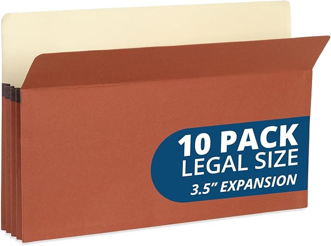 Blue Summit 10 Redwell Folders Legal Size, Brown Accordion File Folders, 3.5” Red Rope Expandable Pockets, Expanding Organizer