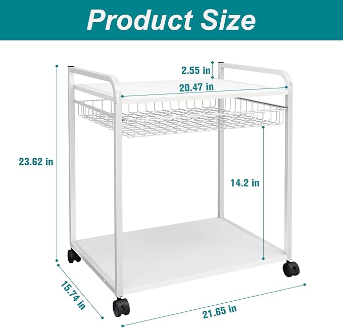 Large 2 Tier Storage Printer Stand with Basket,23.6"x21.6"x15.7" Rolling Printer Cart Under Desk,Printer Table with Wheels for Home Office,White