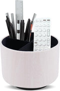 Round Leather Art Supply Organizer,Remote Control Holder,360 Degree Spinning,Multi-Functional Pencil Holder,4 Compartments Desktop Stationary Organizer(1-Thin Wood White)