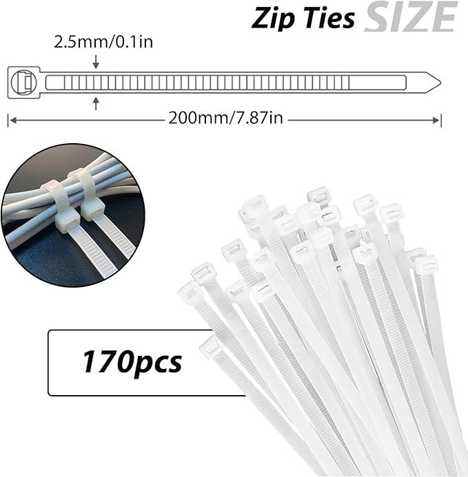 340 Pcs Self Adhesive Cable Zip Tie Mounts Set | 170 Pcs Cable Tie Mounting Base,3/4" | 170 Pcs Zip Ties,8" | White,Cable Clip,Wire Management Clips,Wall Ties Fixing Mount,Wire Holders for Cables
