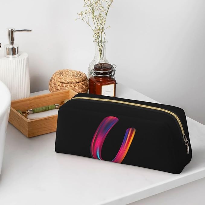 Cute Initial Pencil Case for Kids Simple Leather Pencil Pouch for Boys Girls Letter Design Pencil Box Pen Bag Pencil Pouch Office Stationery Organizer, Rainbow Letter U