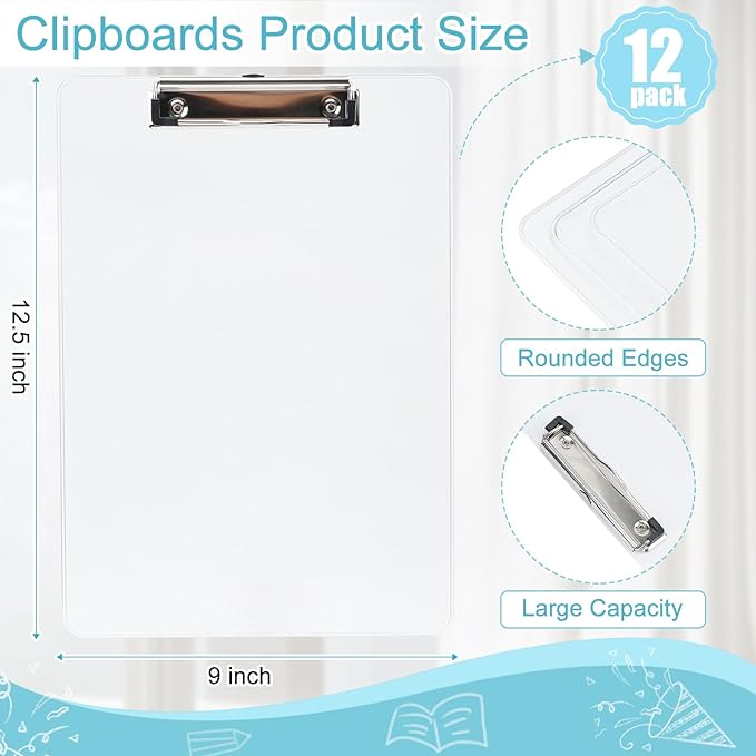 Dovesail 12 Pack Plastic Clipboards A4 Letter Size, 12.5" x 9" Clear Clipboards Bulk, Hangable Clip Boards with Low Profile Metal Clip,Office Supplies Classroom