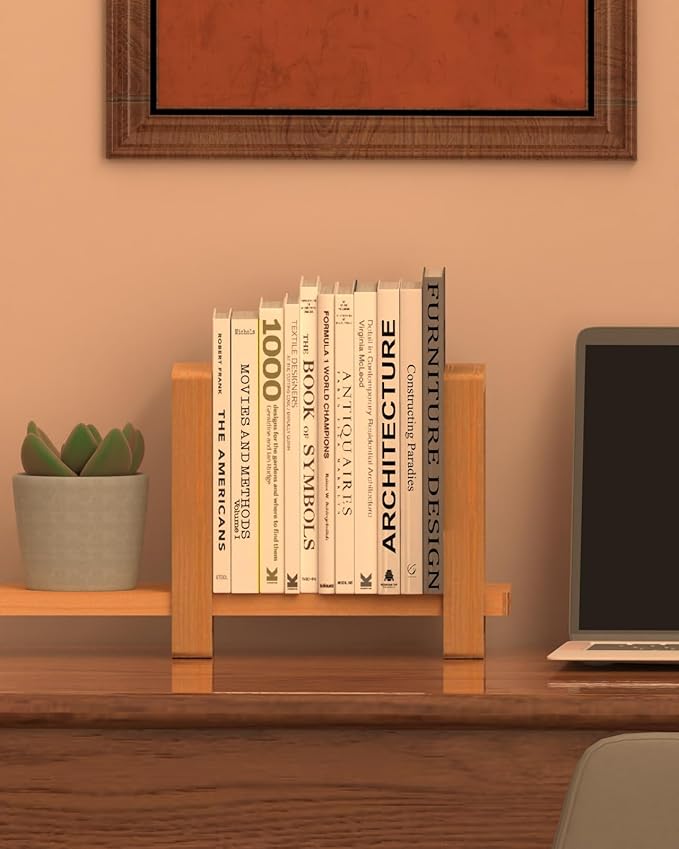 Adjustable Desktop Bookshelf, Retro Tabletop Bookshelf, Desk Shelf for Top of Desk in Living Room, Home, Office, Perfect for Magazine, Books, Cookbooks, No Tools Required to Assemble (Yellow)