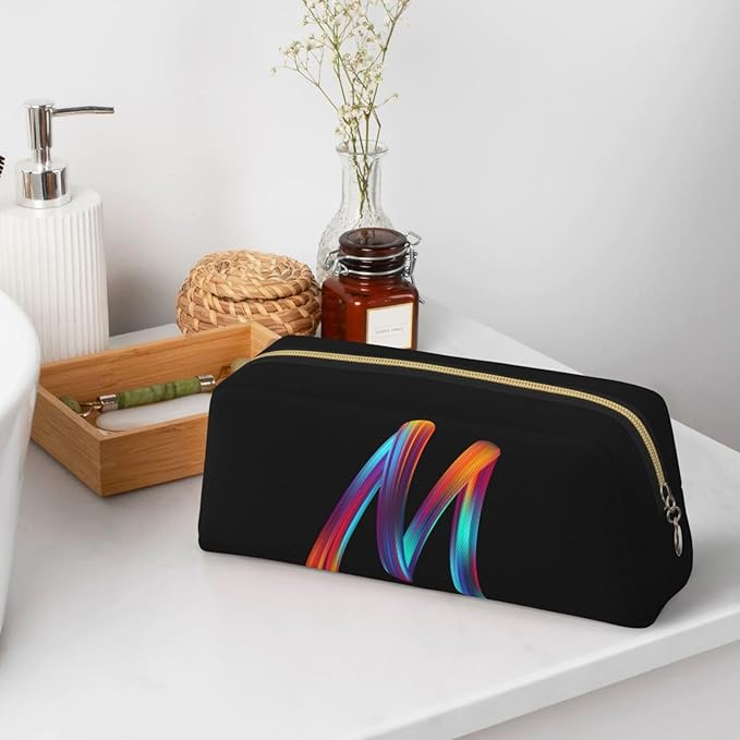 Cute Initial Pencil Case for Kids Simple Leather Pencil Pouch for Boys Girls Letter Design Pencil Box Pen Bag Pencil Pouch Office Stationery Organizer, Rainbow Letter M