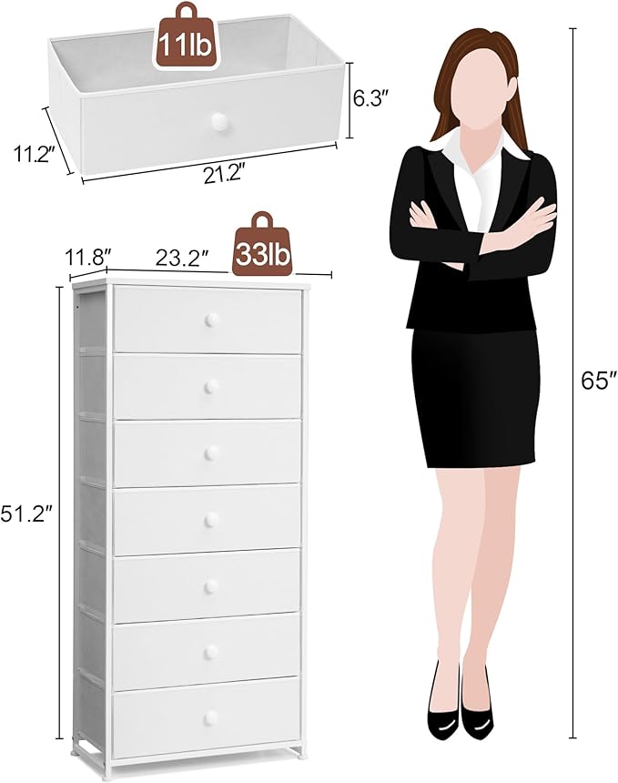Crestlive Products Tall Dresser, 7-Drawer Wide Fabirc Storage Tower, Chests of Drawers - Vertical Organizer Unit for Bedroom, Hallway, Entryway, Nursery, Wood Top, Closets with Handles (White)