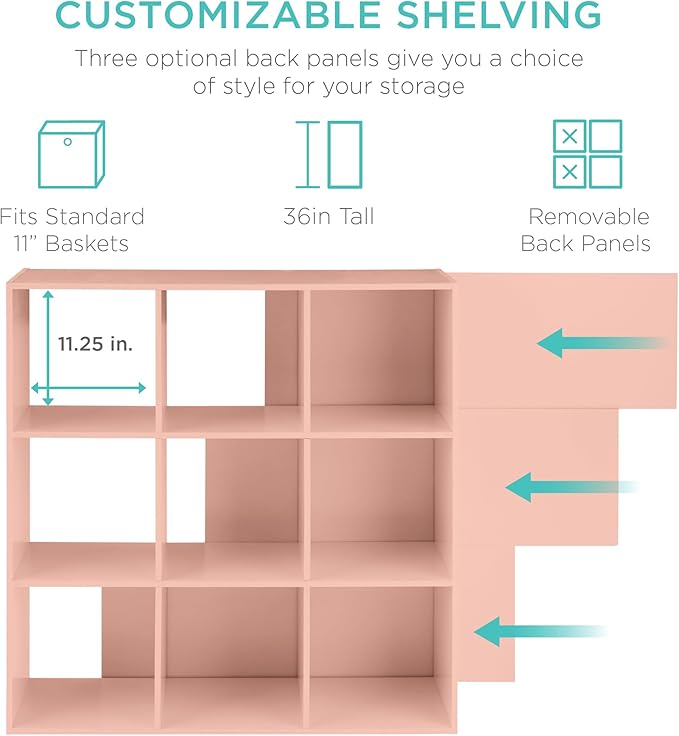 Best Choice Products Kids Bookcase 9-Cube Storage Organizer, 11in Shelf Opening, Bookshelf, Toy Storage, Customizable w/ 3 Removable Back Panels – Light Pink