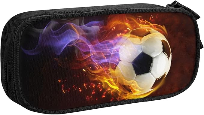 Kids Boys Pencil Case Large Capacity Pencil Box Storage Pen Bag with Zippers, Sports Black Pencil Pouch Stationery Case with Fire Soccer Printed for Office School
