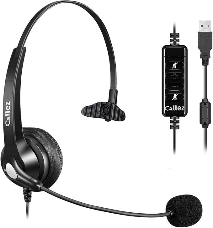 Callez USB Headset with Noise Cancelling Mic & Mute Controls, Mono Computer Headphones for Laptop PC Skype Zoom Webinar Business Call Center Home Office, Clear Chat, Super Lightweight (C500U3)