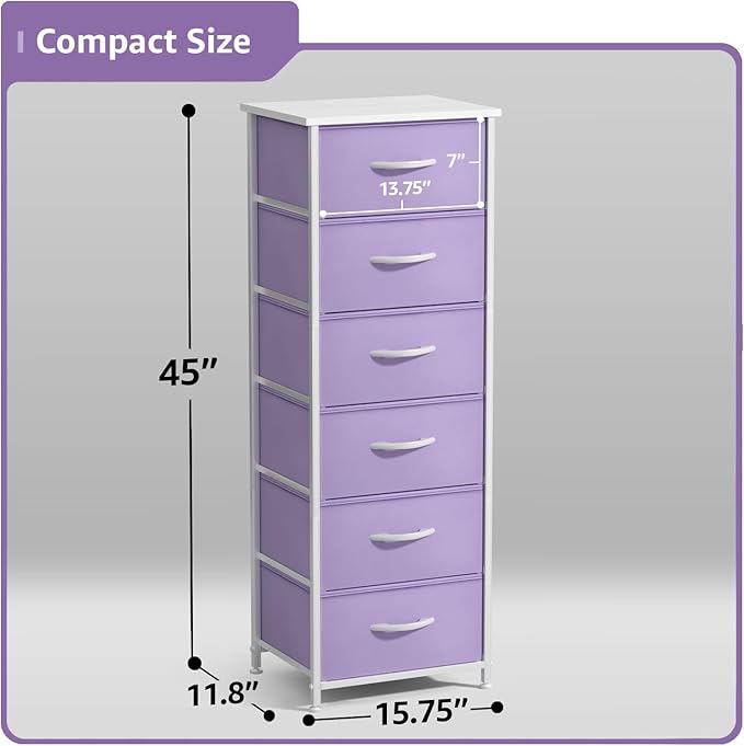 Sorbus Fabric Dresser for Kids Bedroom - Chest of 6 Drawers, Tall Storage Tower, Clothing Organizer, for Closet, for Playroom, for Nursery, Steel Frame, Fabric Bins - Wood Handle (Purple)