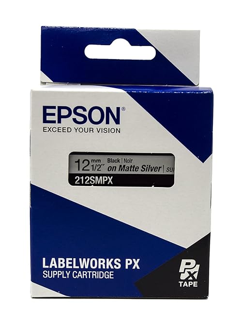 Epson LABELWORKS 212SMPX Genuine PET (Polyester) Tape Cartridge - Black on Silver Matte Label Maker Tape - 1/2" (12MM) Wide, 30'