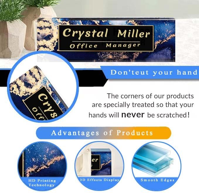 Office Desk Name Plate Personalized, Custom Plates for Desks on Acrylic Glass, Decor Nameplate, Accessories, Personalized Gift Boss Coworkers (Black Marble),(731)