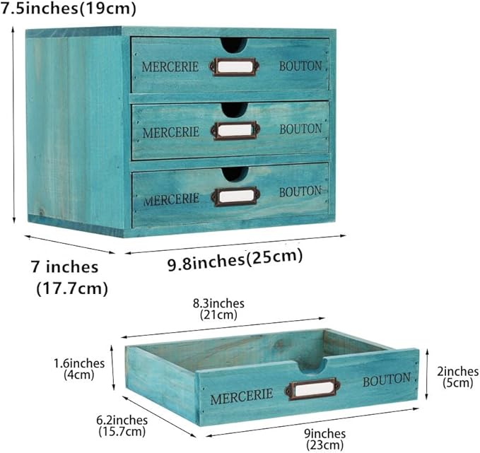 Wooden Storage Box Rustic Desktop Organizer with 3 Drawers Office Desk Accessories Shelf Small Craft Storage Containers Apothecary Cabinet and Chest Jewelry Holder for women(BLUE)