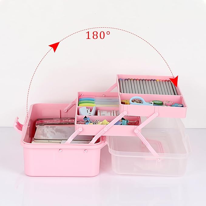 BTSKY 3-Layer Plastic Dividing Storage Box Craft Organizer and Storage with Adjustable Spacers Portable Handled Art Supply Organizer Multipurpose Home Utility Box Organizer (Pink)