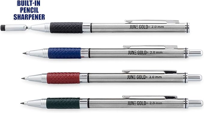 June Gold 4 Pro 2.0 mm Mechanical Pencils, 36 Colored, 36 2B, and 36 4B Refills, 2 Sharpeners, 2 Smudge Resistant Erasers, Built in Sharpeners & Soft Non-Slip Grip on Each Pencil
