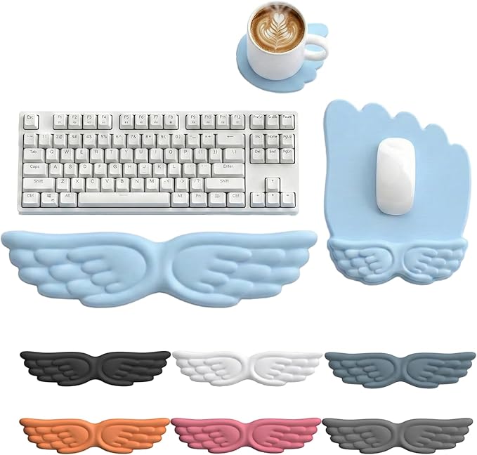 Angel Wing Keyboard Wrist Rest Set, 3 Piece Cloud Wrist Rest for Computer Keyboard with Mouse Wrist Rest and Coaster, PU Leather Memory Foam Wrist Support for Office, Home and Gaming (Blue-A)