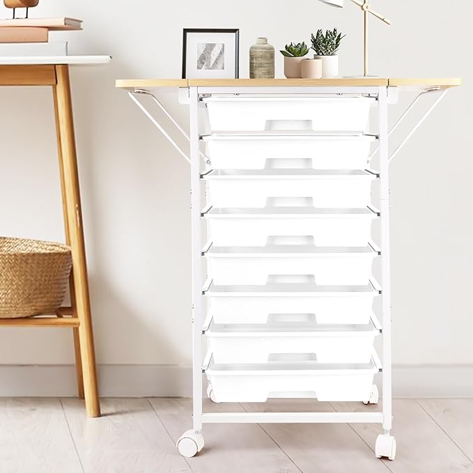 Rolling Storage Cart with Drawers,Craft Storage Cabinet with 8 Drawers and Wooden Tabletop,Utility Cart with Foldable dual side panels & Wheels for Classroom,Bedroom,Bathroom,Dorm,Office,Kitchen,White