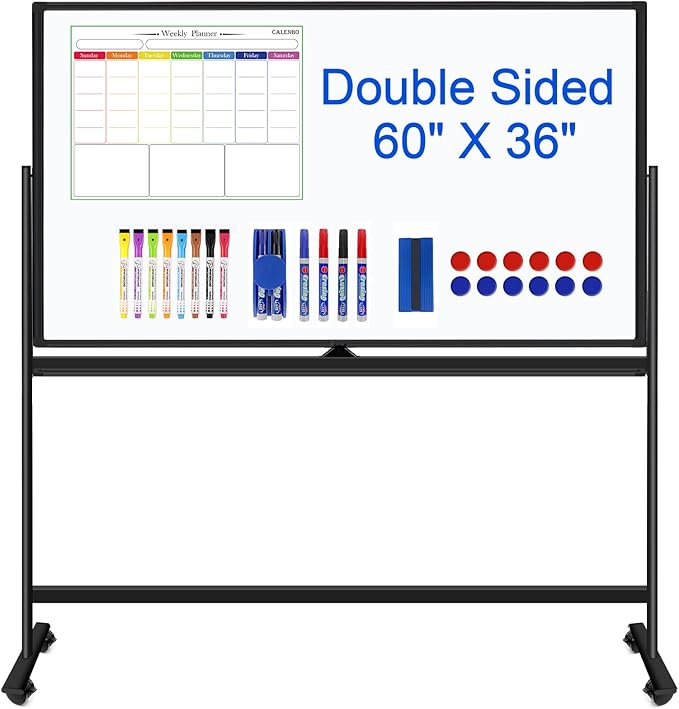 Large Rolling White Boards on Wheels 60 X 36 Inches Magnetic Dry Erase Board with Stand, Double-Sided 5' x 3' Whiteboard with Stands Stand Up White Board for Office, School, Home