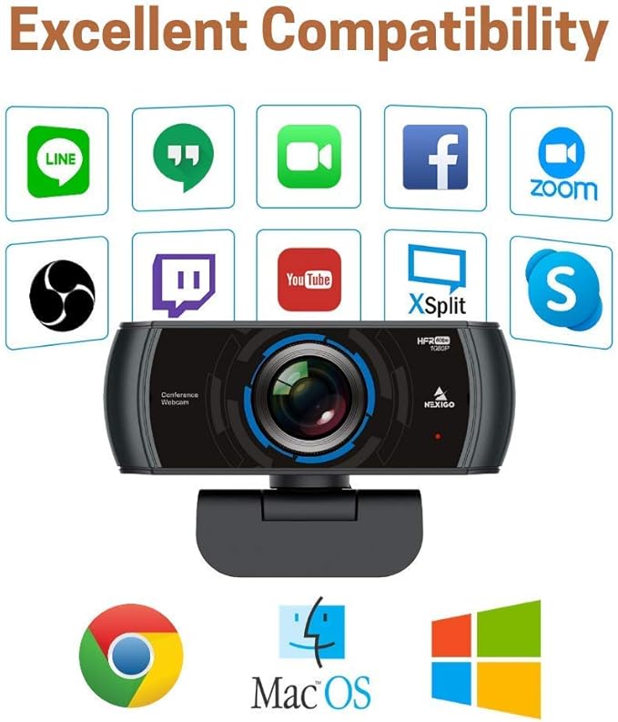 NexiGo N980P 1080P 60FPS Webcam with Microphone, HD USB Computer Camera, Built-in Dual Noise Reduction Mics, 120 Degrees Wide-Angle for Zoom/Skype/FaceTime/Teams, PC Mac Desktop (Renewed)