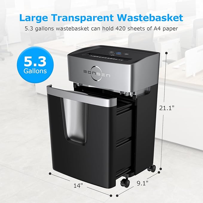 BONSEN 12-Sheet Micro-Cut Home Office Shredder with 5.3 Gal Bin, 40-Minute P-4 Security Level Paper Shredder for Plastic Credit Card, Staples, with Transparent Window & Anti-Jamming System, S3106