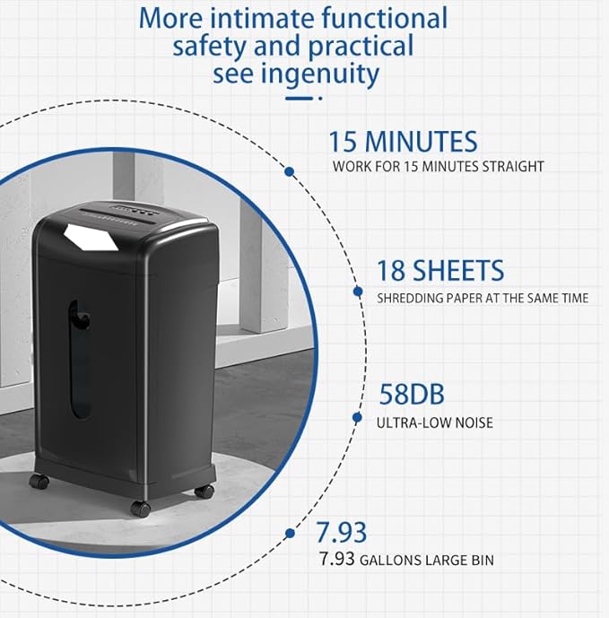 Paper Shredder,18-Sheet Cross Cut, 8 Gallon Pull Out Bin, P-4 Security Level, Shred Paper and Credit Card and Durable&Fast for Home Office