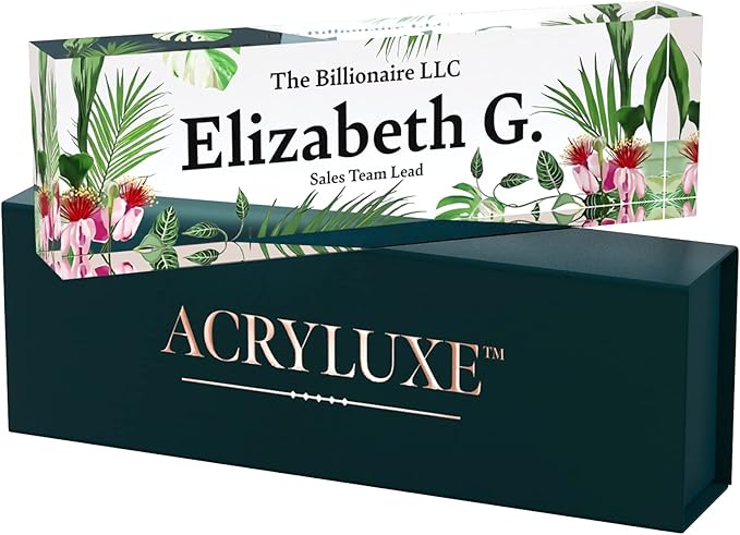 Desk Name Plate Personalized, Custom Name Plates 2½/x8 Inches, Thick Crystal-Clear Acrylic, Gift Box, Office Desk Decor. USA Made by ACRYLUXE (Garden)