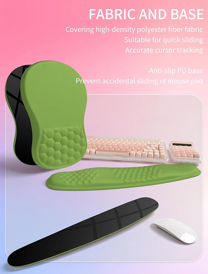 Hokafenle 2in1 Combination, Wave Keyboard Wrist Rest and Ergonomic Curvature Mouse Pad Wrist Support for Relieve Wrist Pain, Filled with Soft Cushion Memory Foam, Dill Green