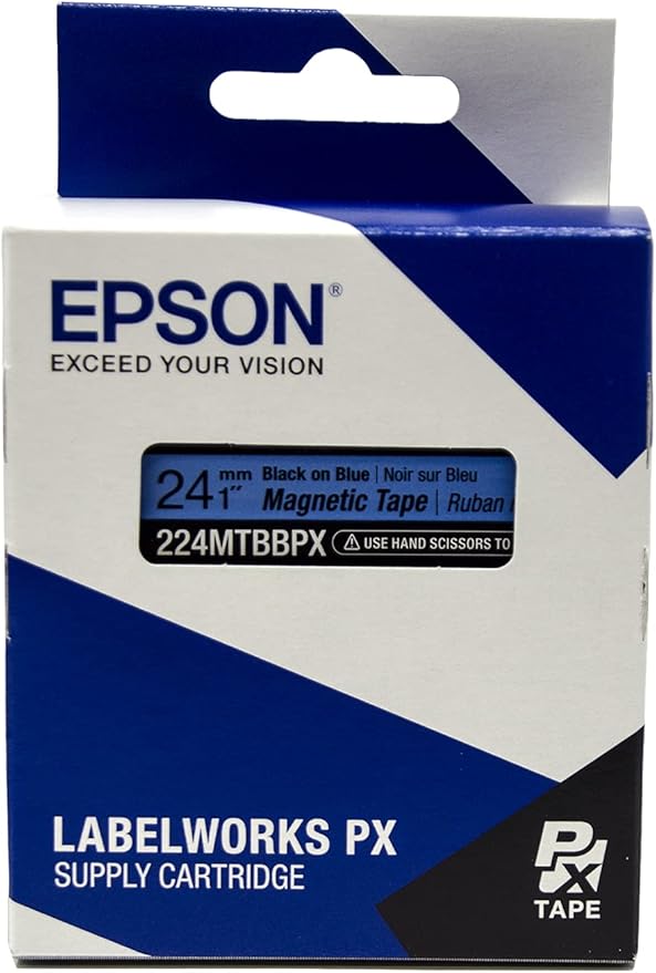 Epson LABELWORKS 224MTBBPX-4.9 Genuine Magnetic Tape Cartridge - Black on Blue Magnet Label Maker Tape - 1" (24MM) Wide, 4.9 ft, Blue