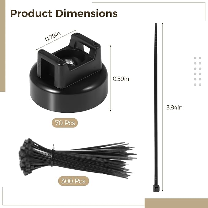 Magnetic Cable Zip Tie Mounts, 70 Pcs Magnet Bases with 300 Pcs Cable Ties, Multipurpose Wire Management Organizer for Desk PC Home Office, Adhesive-Free Cable Clips Holder