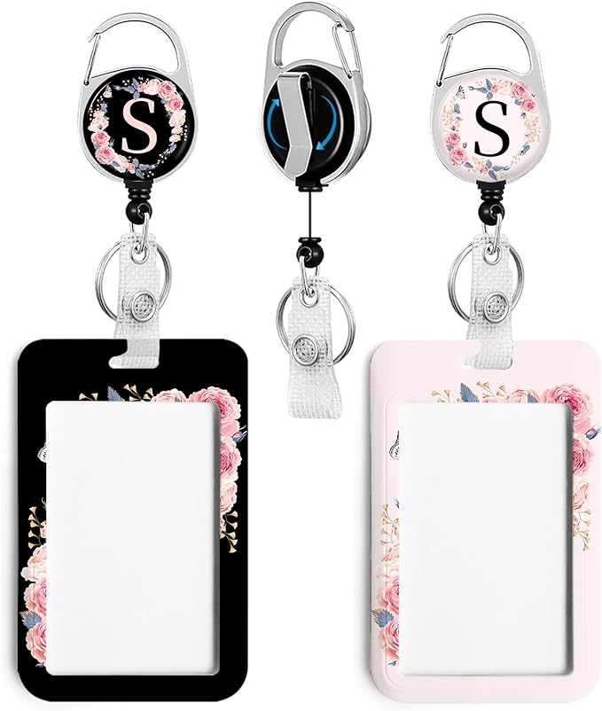 2 Pack A-Z Letter ID Badge Holder with Clip Badge Reels Retractable Heavy Duty,Keychain，ID Holder for School Nurse Office S