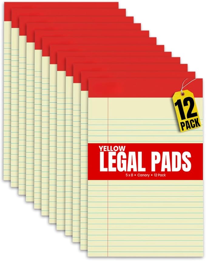 1InTheOffice Yellow Legal Pads 5x8, Notepad Narrow Ruled, Canary, 50 Sheets/Pad, Dozen Pads/Pack