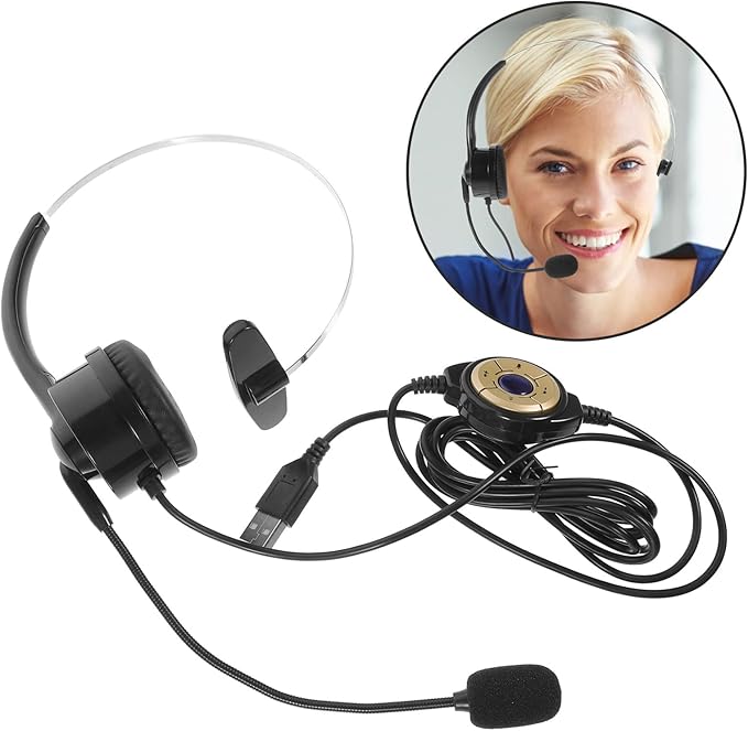 KALLORY USB Computer Headphone Single Ear Headset with Microphone for Call Center Office Use Black Head-Mounted Business Gaming Headset Compatible with PC and Cell Phone
