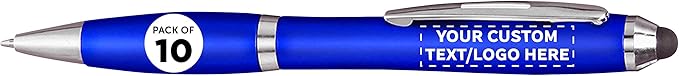 DISCOUNT PROMOS Custom Plastic Stylus Pens Set of 10, Personalized Bulk Pack - Black Ink, Great for Office, School, Business, Tradeshows, Events - Blue