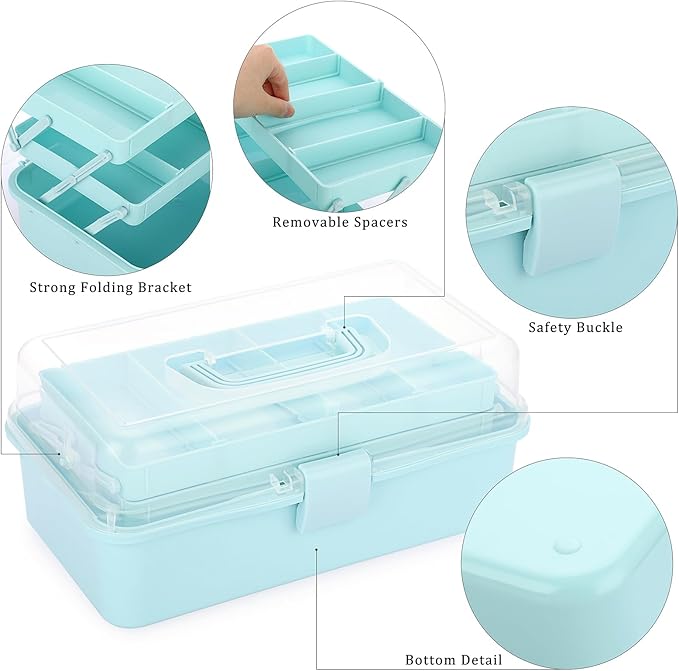 BTSKY 3-Layer Plastic Dividing Storage Box Craft Organizer and Storage with Adjustable Spacers Portable Handled Art Supply Organizer Multipurpose Home Utility Box for Medicine, Sewing(Blue)