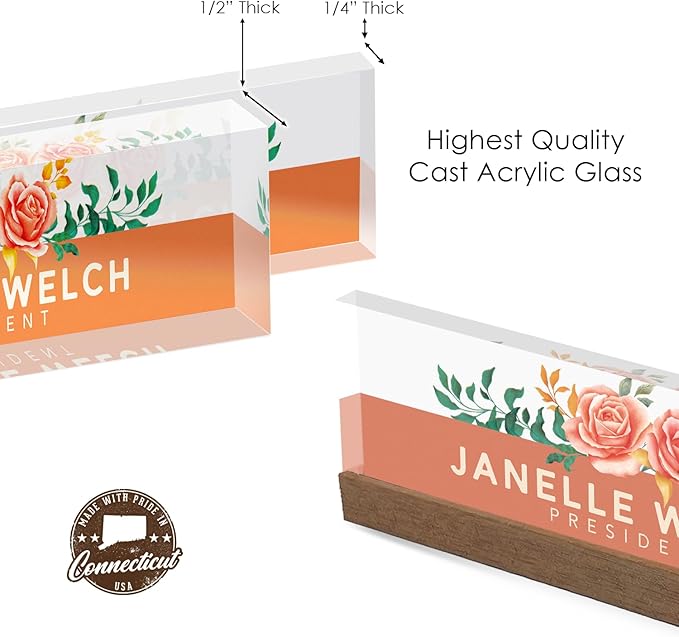 Artblox Office Personalized Name Plate for Desk with Business Card Holder On Clear Acrylic Glass Orange Roses Design Custom Desk Name Plate with Your Name and Credentials Customized Gift