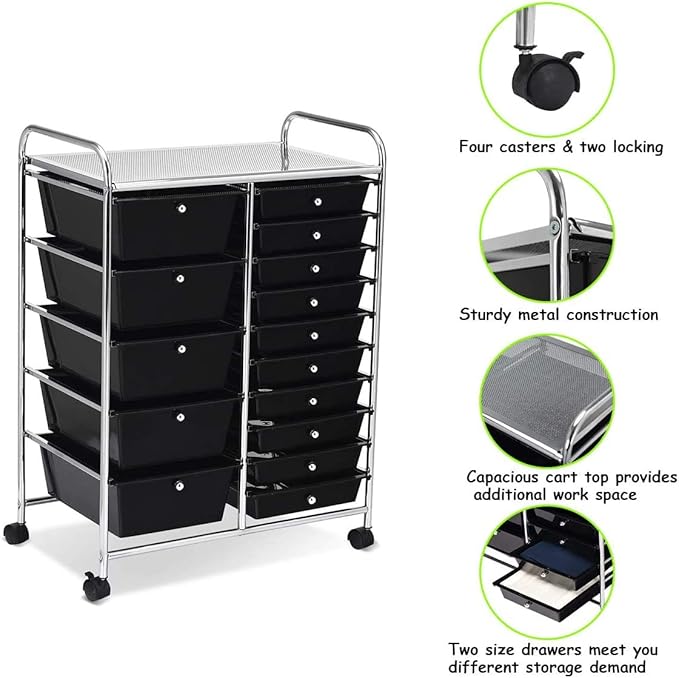 ARLIME 15-Drawer Storage Cart, 15 Drawer Trolley, Rolling Organizer Cart, Scrapbook Paper Organizer, Suitable for Office and School, Rolling Office Storage Tools (Black)