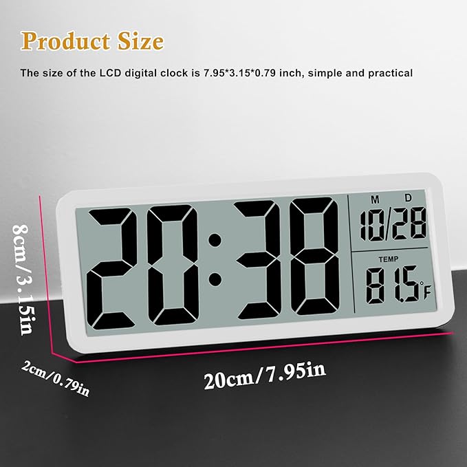 8.5" Modern Digital Wall Clock, Battery Operated, White, Simple LCD Display with Temperature/Date/Time - 12/24H, Small Digital Clock for Bedroom, Living Room Decor