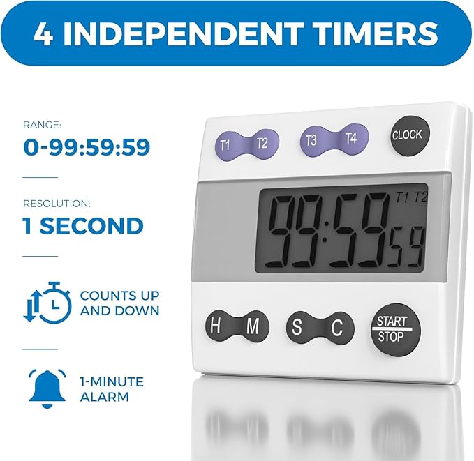 Sper Scientific Portable Digital Kitchen & Lab Timer 810015 - 4 Channel, Large Display, Loud Alarm - 4 pc