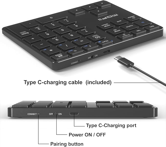 MOFII Bluetooth Number Pad for Laptop - Black Wireless Numeric Keypad 35 Keys USB-C Rechargeable Numpad, Accounting Portable Financial Data 10 Key for Laptop/PC/Desktop/Notebook/Surface Pro
