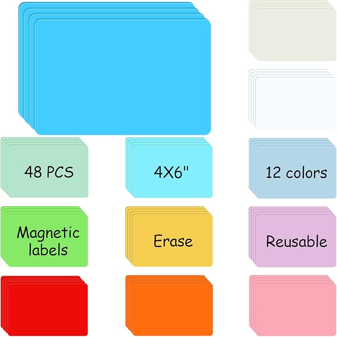 Ctosree 48 Pcs Dry Erase Magnetic Labels 4 x 6 Inch, Dry Erase Magnets Reusable Magnetic Magnets Name Tags Blank Multipurpose Colorful Stickers Strips for Whiteboard Locker School Office(Mixed Color)