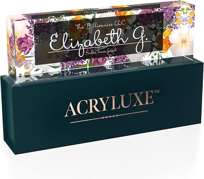 Desk Name Plate Personalized, Custom Name Plates 2½/x8 Inches, Thick Crystal-Clear Acrylic, Gift Box, Office Desk Decor. USA Made by ACRYLUXE (Vaseful)