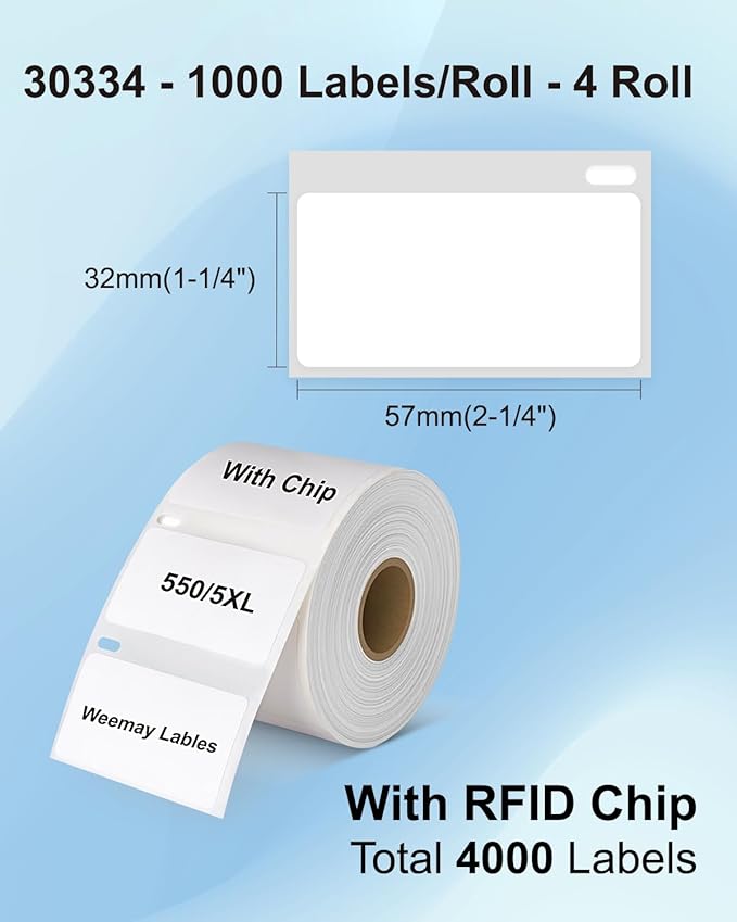 Weemay 30334 FNSKU Barcode Multi-Purpose Labels with RFID Chip, Compatible for DYMO LabelWriter Printers 5XL, 550, 550 Turbo, 4XL, 450, Wireless, 450 Duo, 2-1/4" x 1-1/4", 4 Rolls, Total 4000 Labels