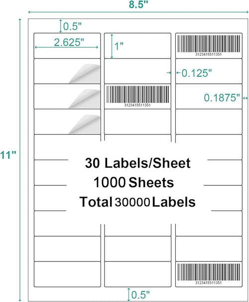1" X 2-5/8" Address Labels,30 UP Shipping Label for Laser/Inkjet Printers,White Blank Mailing Label,30 Labels per Sheet(1000 Sheets)